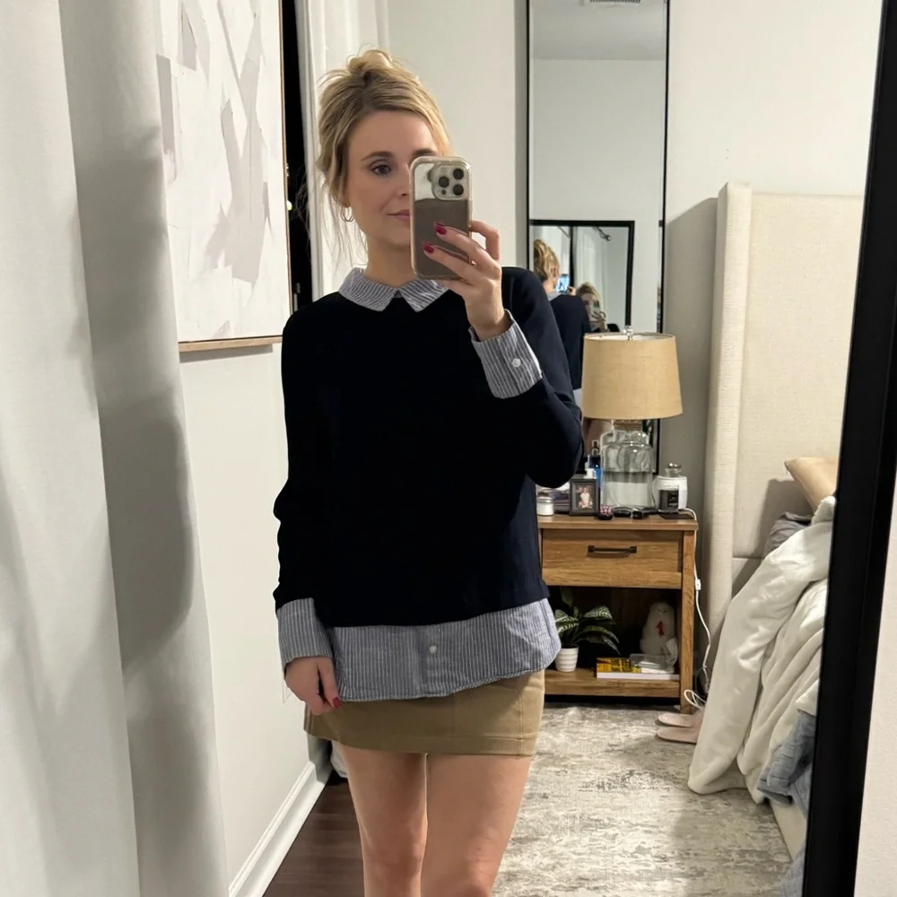 Navy Preppy Style Blouse / Attached Pin Stripe Sleeves & Collar - Picture 4 of 11